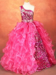Hot Pink Organza Lace Up One Shoulder Sleeveless Floor Length Kids Formal Wear Beading and Ruffles and Sequins