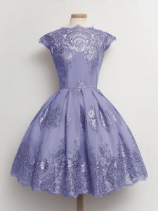 Lavender Scalloped Lace Up Lace Quinceanera Court Dresses Cap Sleeves