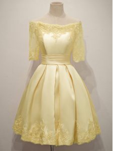 On Sale Half Sleeves Taffeta Knee Length Lace Up Quinceanera Court Dresses in Yellow with Lace