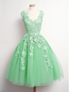 Sleeveless Tulle Knee Length Lace Up Court Dresses for Sweet 16 in Green with Appliques