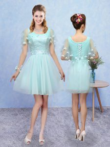 Aqua Blue Lace Up Scoop Appliques Court Dresses for Sweet 16 Tulle Sleeveless