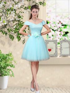 Flare Cap Sleeves Tulle Knee Length Lace Up Quinceanera Dama Dress in Aqua Blue with Lace and Belt