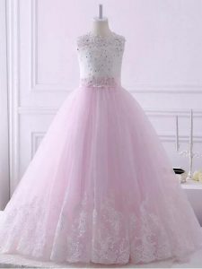 Super Baby Pink Lace Up Scalloped Lace Little Girl Pageant Dress Tulle Sleeveless Brush Train