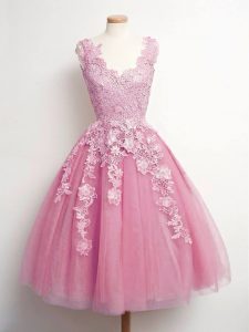 Sumptuous Tulle V-neck Sleeveless Lace Up Lace Dama Dress for Quinceanera in Pink