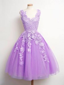 New Style Lavender Tulle Lace Up V-neck Sleeveless Knee Length Quinceanera Court of Honor Dress Lace