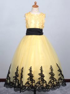 Sleeveless Tulle Floor Length Lace Up Kids Formal Wear in Yellow with Appliques