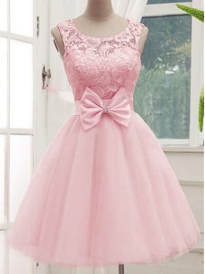 Stylish Baby Pink A-line Tulle Scoop Sleeveless Lace and Bowknot Knee Length Lace Up Damas Dress