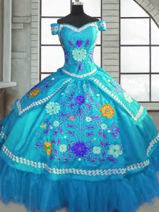 Fashionable Teal Sweetheart Lace Up Beading and Embroidery Quinceanera Gowns Short Sleeves