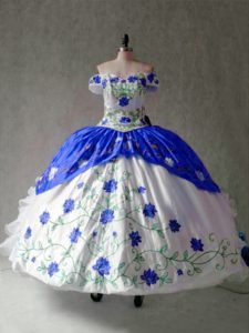 Cap Sleeves Floor Length Embroidery and Ruffles Lace Up Quinceanera Gown with Blue And White