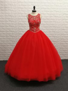 Superior Red Tulle Zipper Scoop Sleeveless 15th Birthday Dress Brush Train Beading