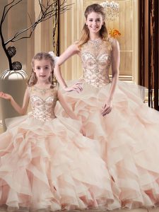 Peach Ball Gowns Beading and Ruffles Quinceanera Dresses Lace Up Tulle Sleeveless