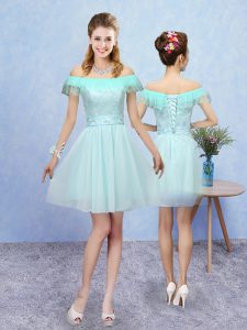 Aqua Blue Quinceanera Court Dresses Prom and Party with Lace Off The Shoulder Cap Sleeves Lace Up