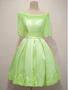 Fantastic Yellow Green Quinceanera Court Dresses Prom and Party and Wedding Party with Lace Off The Shoulder Half Sleeves Lace Up
