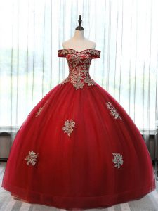 Wine Red Ball Gowns Off The Shoulder Sleeveless Tulle Floor Length Lace Up Beading and Appliques Quince Ball Gowns