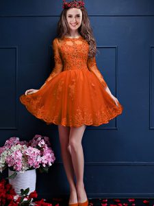 Glamorous Mini Length Orange Red Quinceanera Court of Honor Dress Scalloped 3 4 Length Sleeve Lace Up