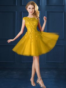 Best Knee Length Gold Vestidos de Damas Tulle Cap Sleeves Lace and Appliques