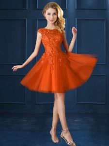 Orange Red Lace Up Quinceanera Court of Honor Dress Lace and Belt Cap Sleeves Knee Length