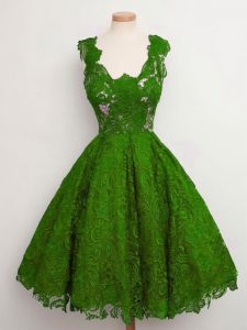 Green Sleeveless Lace Knee Length Quinceanera Dama Dress