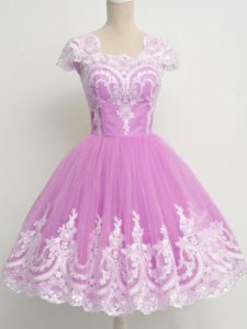Lilac Tulle Zipper Square Cap Sleeves Knee Length Quinceanera Dama Dress Lace