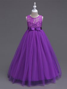 Charming Purple Zipper Little Girls Pageant Dress Wholesale Lace Sleeveless Floor Length