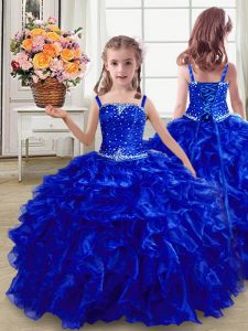 Floor Length Lace Up Little Girl Pageant Dress Royal Blue for Wedding Party with Beading and Ruffles
