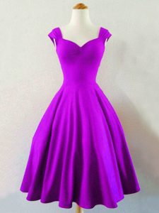 Customized Eggplant Purple A-line Straps Sleeveless Taffeta Knee Length Lace Up Ruching Dama Dress for Quinceanera