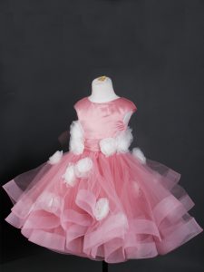 Superior Pink Kids Pageant Dress Wedding Party with Ruffles and Hand Made Flower Bateau Cap Sleeves Zipper