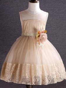 Simple Scoop Sleeveless Little Girls Pageant Gowns Knee Length Lace and Hand Made Flower Champagne Tulle