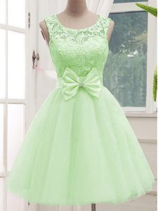 Yellow Green A-line Tulle Scoop Sleeveless Lace and Bowknot Knee Length Lace Up Dama Dress for Quinceanera