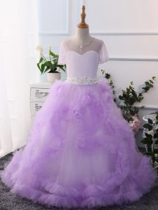 Floor Length Lavender Little Girl Pageant Gowns Tulle Short Sleeves Beading