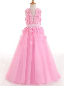 Graceful Rose Pink Sleeveless Tulle Zipper Little Girls Pageant Dress Wholesale for Wedding Party