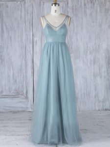 Inexpensive Grey Zipper V-neck Lace Quinceanera Court Dresses Tulle Sleeveless