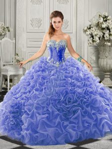 Inexpensive Beading and Ruffles Sweet 16 Dresses Blue Lace Up Sleeveless Court Train