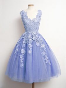 Clearance Lavender A-line V-neck Sleeveless Tulle Knee Length Lace Up Appliques Court Dresses for Sweet 16