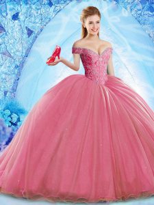 Sleeveless Beading Lace Up Ball Gown Prom Dress with Coral Red Brush Train
