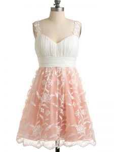 Glittering Lace Court Dresses for Sweet 16 Peach Lace Up Sleeveless Knee Length