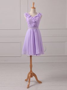 Unique Mini Length Lace Up Dama Dress Lavender for Prom and Party and Wedding Party with Lace and Appliques