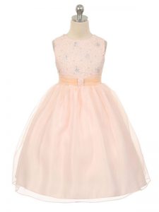 Elegant Baby Pink Ball Gowns Scoop Sleeveless Tulle Knee Length Lace Up Beading Kids Formal Wear