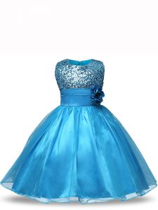 Customized Sleeveless Zipper Knee Length Sequins and Hand Made Flower Pageant Gowns For Girls