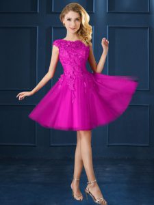 Hot Selling Fuchsia Cap Sleeves Knee Length Lace and Belt Lace Up Dama Dress
