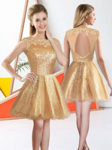 Super Champagne Backless Vestidos de Damas Beading and Lace Sleeveless Knee Length