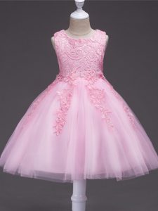 Sleeveless Knee Length Appliques Zipper Kids Pageant Dress with Baby Pink