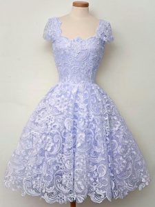Fantastic Lavender Lace Up Dama Dress Lace Cap Sleeves Knee Length