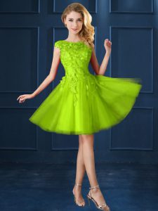 Delicate Yellow Green Tulle Lace Up Bateau Cap Sleeves Knee Length Damas Dress Lace and Appliques