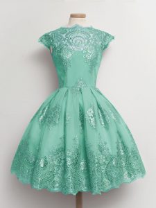 Scalloped Cap Sleeves Quinceanera Court of Honor Dress Knee Length Lace Turquoise Tulle