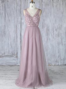 Lavender Criss Cross Quinceanera Dama Dress Appliques Sleeveless Floor Length