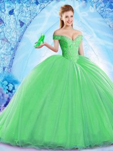 High Class Green Lace Up Ball Gown Prom Dress Beading Sleeveless Brush Train