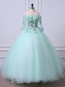 Luxurious 3 4 Length Sleeve Floor Length Beading Lace Up Quinceanera Gown with Apple Green