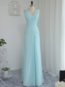 Trendy Floor Length Aqua Blue Quinceanera Court of Honor Dress Chiffon Sleeveless Ruching