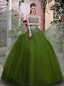 Comfortable Olive Green Ball Gowns Strapless Sleeveless Tulle Floor Length Lace Up Beading Sweet 16 Quinceanera Dress